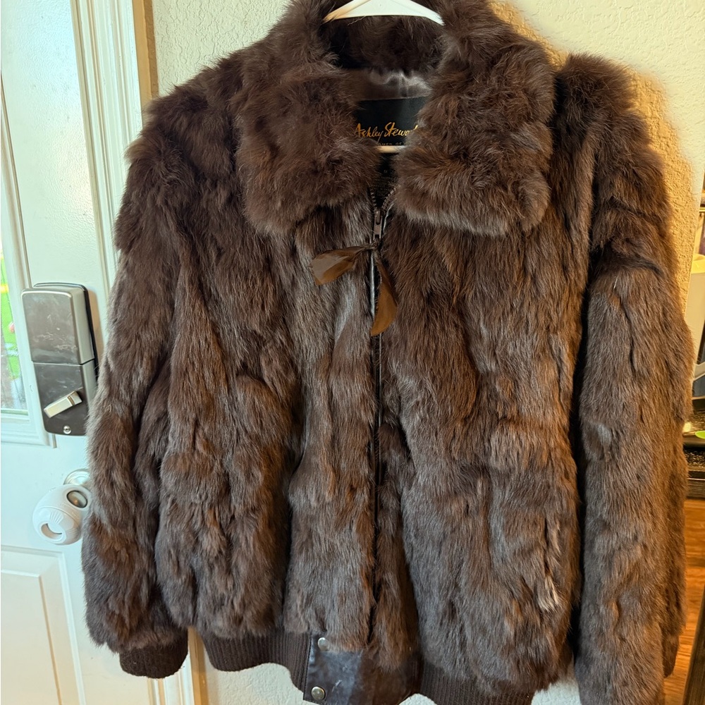 Ashley Stewart 100% Real Rabbit Fur Chocolate Coat Teddy Jacket with Zipper